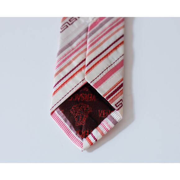 VTG VERSACE Barocco Medusa Greek Key Striped Tie Old Money Luxury Wedding Career - Picture 12 of 16